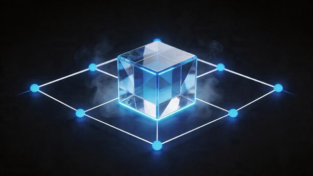Blue glowing cube with network connections
