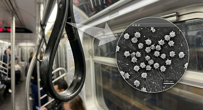 Commuter's hand gripping a subway overhead strap with a microscopic overlay of bacteria and germs on the handle, representing public transit contamination