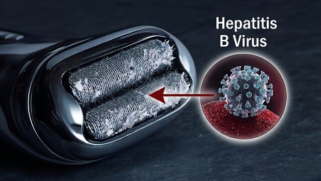 Close-up of an electric shaver blade with magnified hepatitis b virus particles on its surface, representing bloodborne pathogen transmission and personal hygiene risks