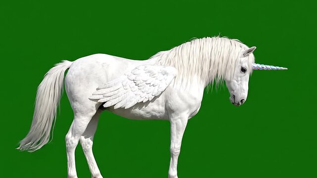 Magical white winged unicorn on green screen chroma key