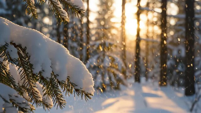 Snowcovered pine branches in a forest emphasizing natural beauty and pristine environments