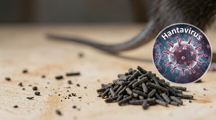 Plakat Rodent feces with floating hantavirus spheres, and a rat's tail in soft focus behind, perfect for public health education, pest control, and infectious disease awareness