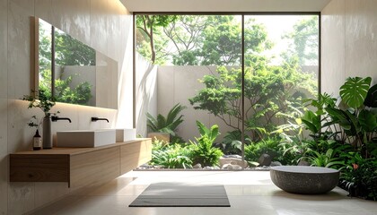 Fototapeta premium Minimalist bathroom with large window, indoor plants, a vanity, and a tub, overlooks lush green garden