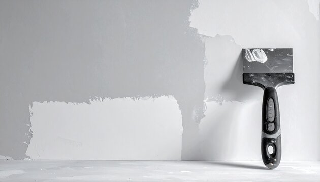 Metal scraper against a textured gray wall with partially smooth white plastering surface