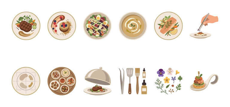 A charming flat illustration set showcasing diverse gourmet dishes, culinary tools, and delicate floral elements, ideal for restaurant menus, food blogs, or event invitations.