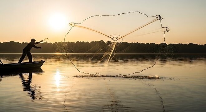 Fisherman throwing a cast net into a lake during a golden sunset
