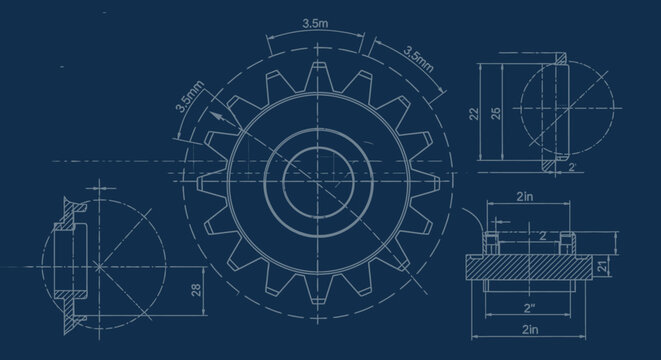 Gear blueprint engineering diagram of a mechanical cogwheel in technical design