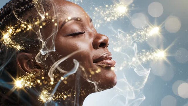 woman with closed eyes and glowing effects perfect for UI/UX design and motion graphics