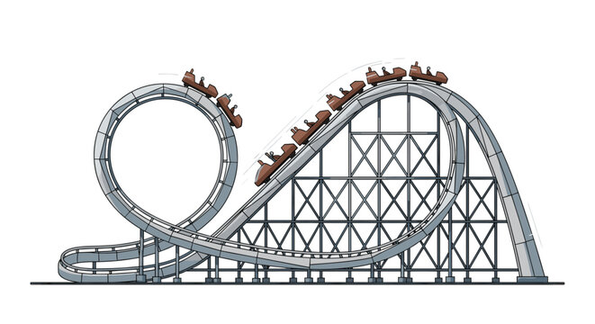 Massive roller coaster ride with multiple loops and steep drops against a white background representing amusement park thrills and excitement.