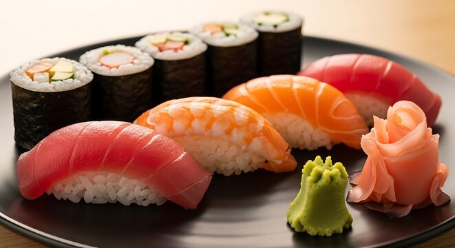Fresh assorted sushi platter with nigiri and maki rolls on black plate