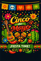Obraz premium Festive Cinco de Mayo scene with instruments, sombrero, cactus, and colorful banners.