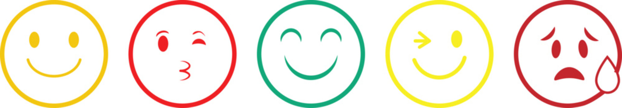 Smiley icon set, Feedback rating scale, Emoji icon collection containing happy emotion, sad, smiling, surprised, angry. Rank, level of satisfaction rating
