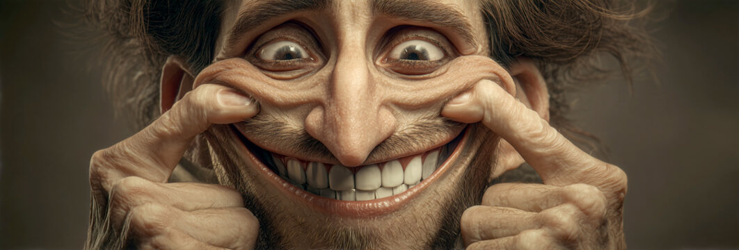 Surreal Portrait of a Man Using His Hands and Fingers To Force an Exaggerated Smile, While His Sorrowful Eyes Reveal Deep-Seated Pain Metaphor For Emotional Suppression and Social Masks. Generative Ai