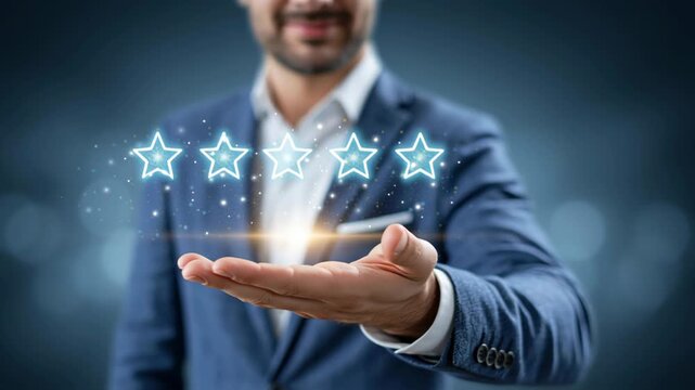E commerce service review rating with five star customer feedback and glowing stars above open hand