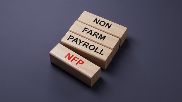 word NFP NON FARM PAYROLL with wood blocks. wooden blocks. Copy space.3D rendering