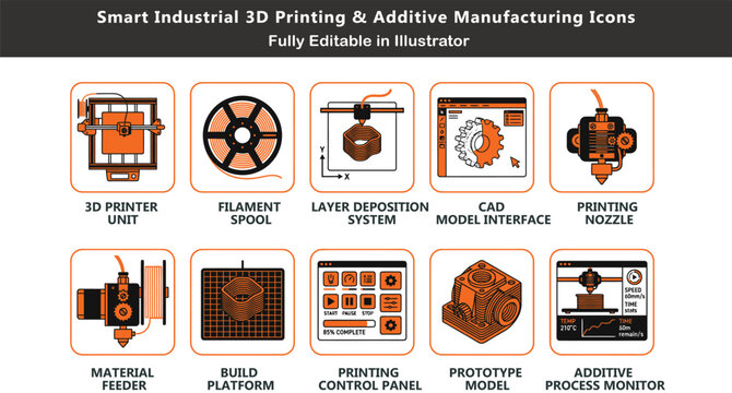 Additive Manufacturing 3D Printing Top View Vector Icon Set for Architecture CAD Design Industrial Engineering Prototype Workflow Elements Modern Manufacturing System Designers Visualization Asset 