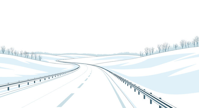 Long winding highway stretching through a snowy winter landscape with rolling hills and distant leafless trees under a clear sky.