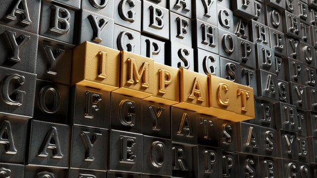 IMPACT Concept With Wooden Ruler.close up of Movable type printing,Business Concept.3D rendering.