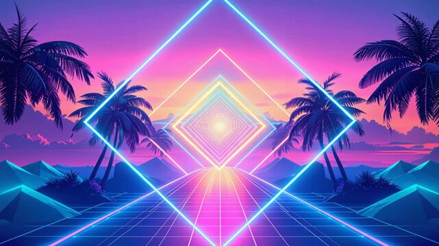 Retro futurism landscape with glowing neon lines and palm trees at sunset creating a stylized horizon.