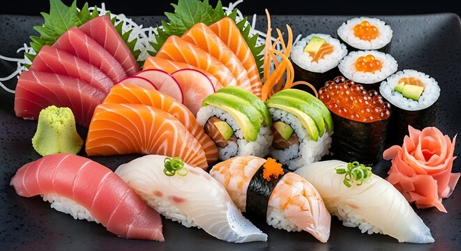 Fresh Japanese sushi and sashimi platter with raw fish on a dark plate