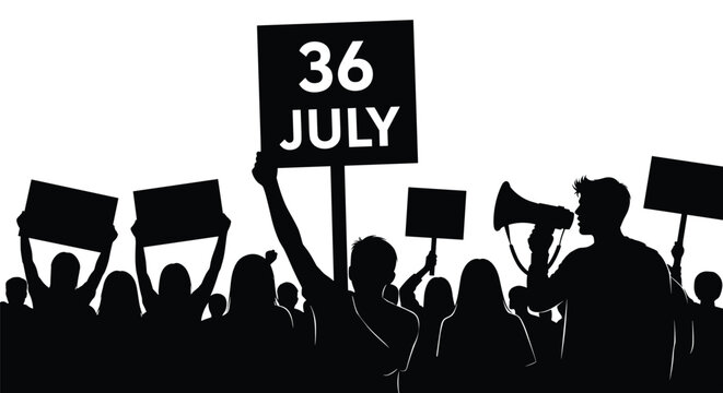 Protest, crowd, demonstration, black silhouettes, signs, megaphone, activism