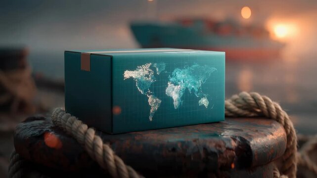 Teal box package on dock with world map for global shipping at sunset