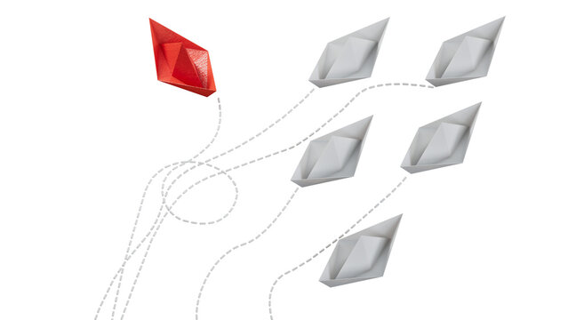 Individuality concept. Individual and unique leader red paper boat flies to the side. 3D illustration.Supports PNG files with transparent backgrounds.