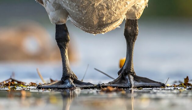 Close-up of bird webbed feet standing.
