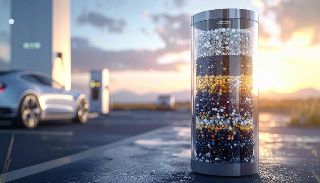 Futuristic EV battery material cylinder stands beside an electric car charging station, symbolizing solid state battery innovation, lithium ion materials, and clean energy storage.