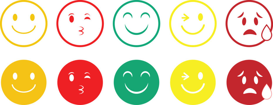 Emoticons set. Emoji faces collection. Feedback rating scale, Smiley icon set,  Emoji icon collection happy emotion, sad, smiling, surprised, angry. satisfaction survey level

