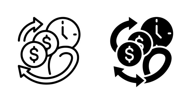 Money Exchange Icons, Currency Conversion Vector Graphics, Financial Transaction Symbols, Time and Coin Exchange