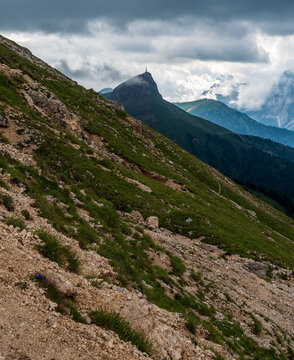 Col Rodela mountain peak from hiking trail betwwen Plattkofellhutte hut and Sella mountain pass in the Dolomites