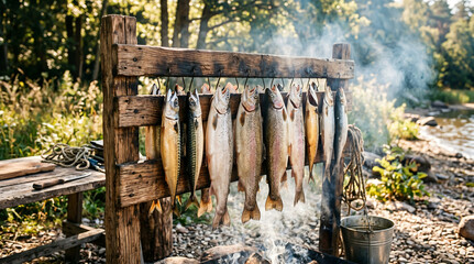 Obraz premium Fish smoking rack made of wood with fish hanging by the river 