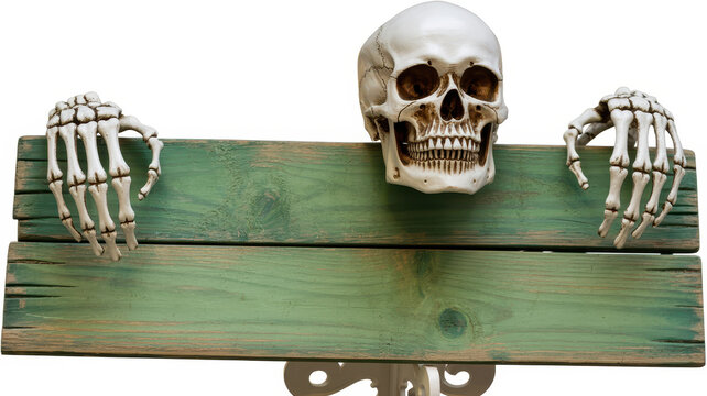 Human skeleton skull and hands holding a blank green wooden sign isolated on white background