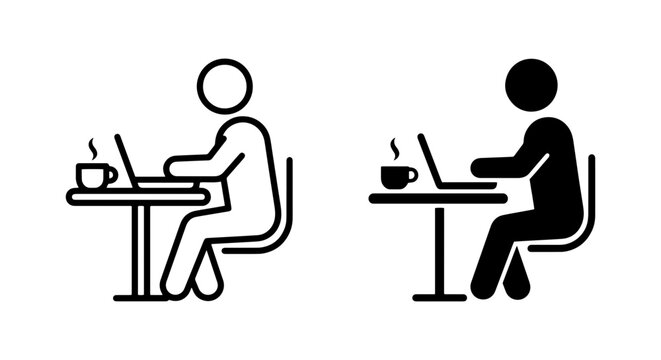 Person Working on Laptop at Cafe Table, Icon Set, Black and White Vector Graphics
