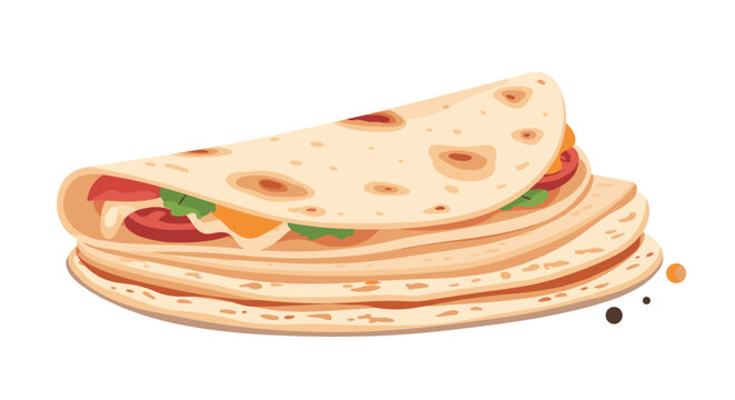 Stack of four toasted tortillas or quesadillas filled with ingredients like cheese and tomatoes on a white background.