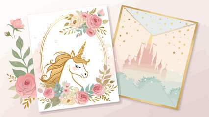 Obraz premium Cute unicorn with flowers and golden castle envelope invitation card template