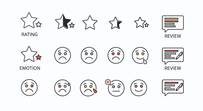 Set of icons representing customer feedback and emotions.