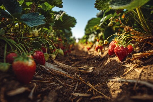 Strawberry field rows with ripe berries visible, agricultural landscape