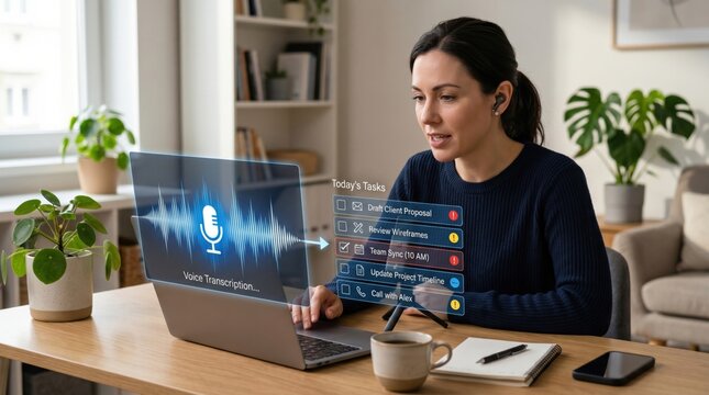 Human using AI voice workflow on laptop or phone, with audio note turning into clean checklist, clear productivity concept for task capture and daily work organization.
