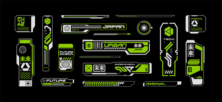 Futuristic set in cyberpunk style HUD elements, sci-fi signs with ui frame, control panel button, assets in techno style - editable vector templates	