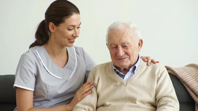 Attentive caregiver in soft tones gently supports a senior, eye-level video in a modern home, blurred background with bokeh, natural light emphasizing trust and human connection