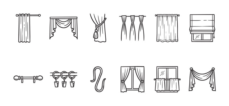 A collection of hand-drawn line art icons illustrating various curtain styles, window treatments, and curtain hardware for interior design.