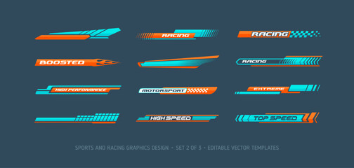 Racing Car stripes stickers (set 2).  Racing vehicle performance elements of sport graphics design with abstract geometric forms. Branding vehicle livery design. Editable vector Rcing Stickers  © VRTX