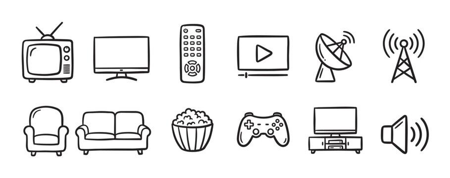 A simple black and white doodle icon set representing entertainment and media objects like televisions, a remote control, and a video player.