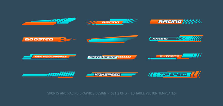 Racing Car stripes stickers (set 2).  Racing vehicle performance elements of sport graphics design with abstract geometric forms. Branding vehicle livery design. Editable vector Rcing Stickers 
