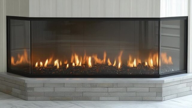 selective focus gas fireplace with open flames and warm glow in modern interior