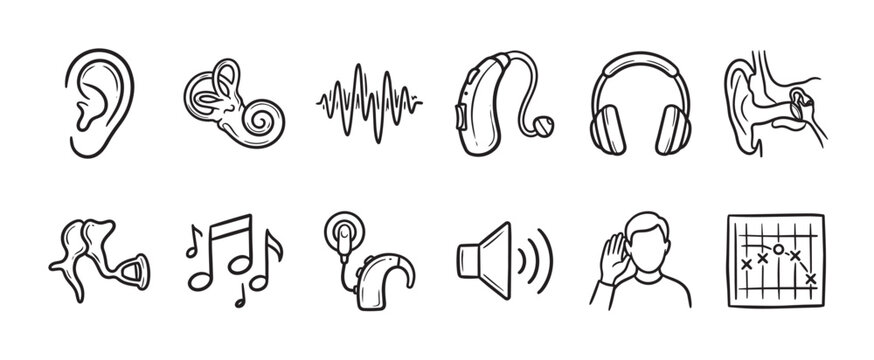 A collection of simple, hand-drawn black and white icons representing various aspects of hearing health, including ears, sound waves, and hearing aids.