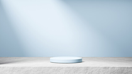 isolated arctic blue podium on cement with sunbeams light on the background, arctic blue background, product replacement © jayed