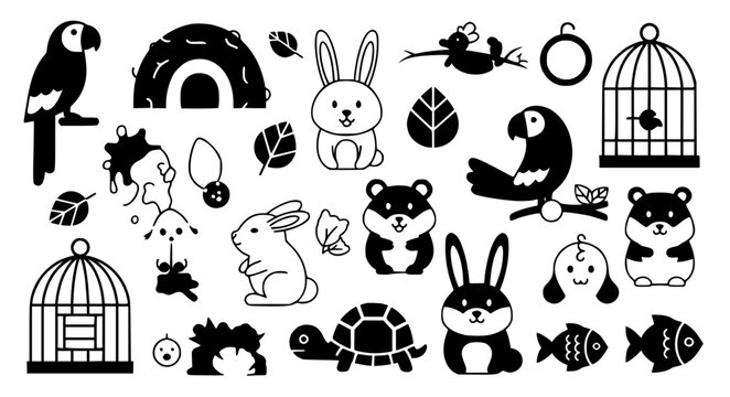 Flat pet animal icon set featuring black silhouettes and line art of rabbits parrots hamsters turtles and fish with bird cages vector.